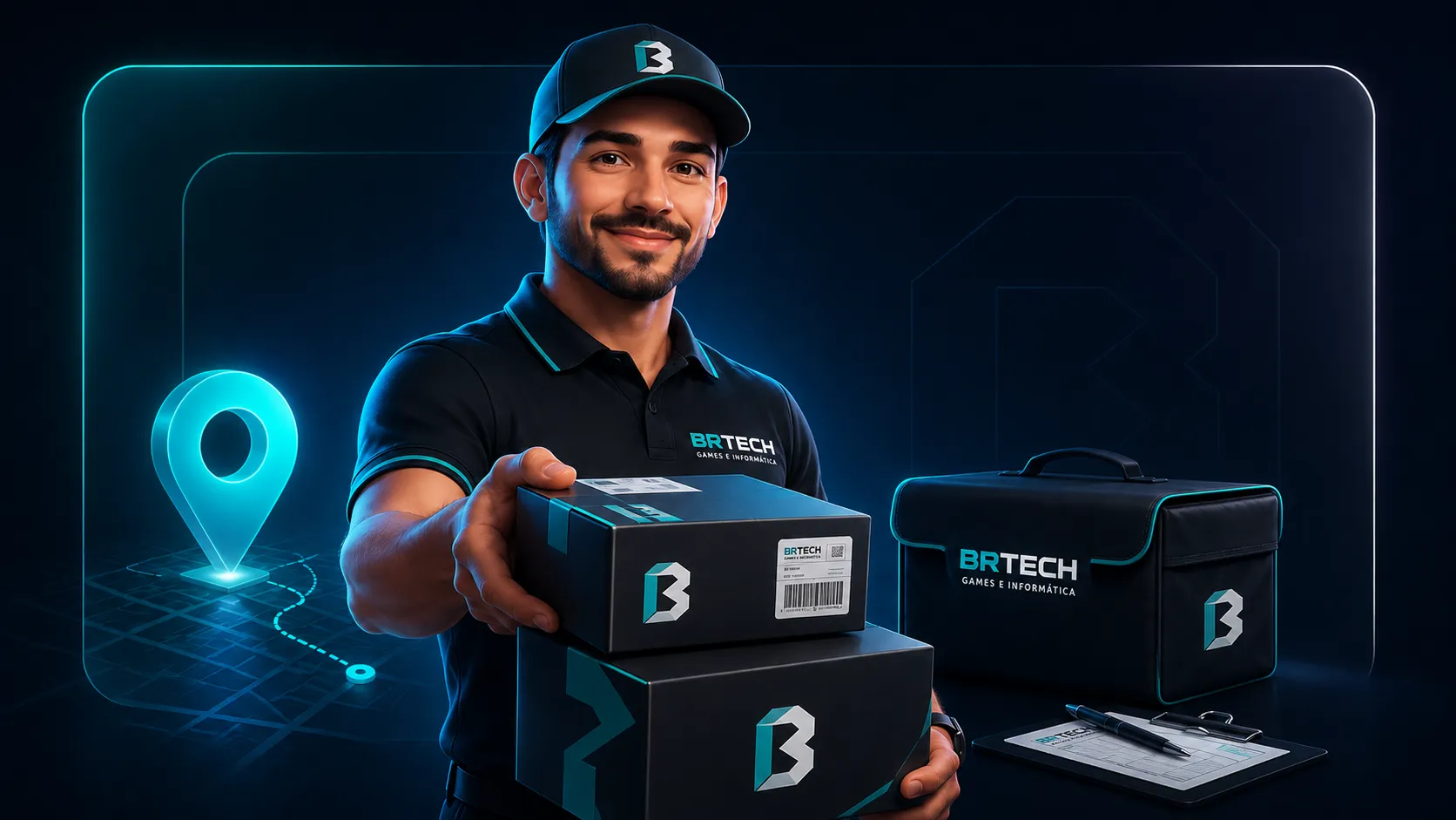 Atendente BRTech segurando encomenda para envio nacional